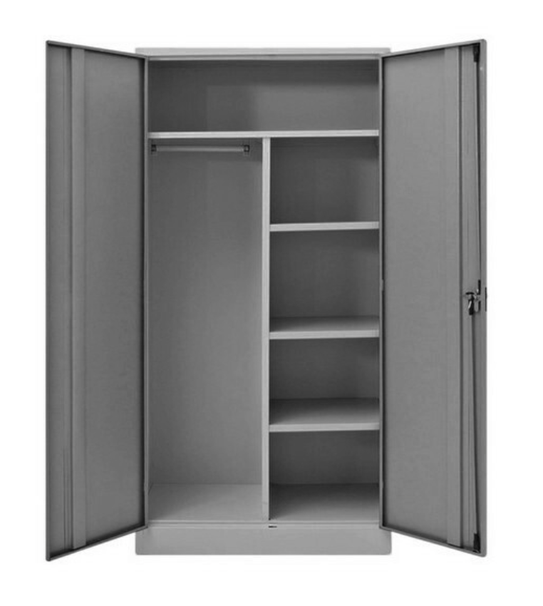 Lockable Gents Steel Wardrobe in Hammertone Grey featuring two doors, five shelves, and a durable steel construction, suitable for business use