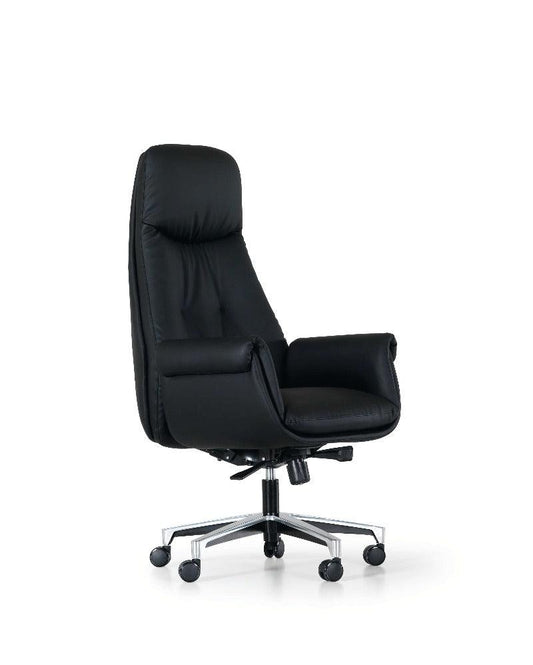 "Salda Office Chair: Embrace style and comfort with PU leather, high back design, and a sturdy stainless steel base. Elevate your workspace with this chic and functional office seating solution."