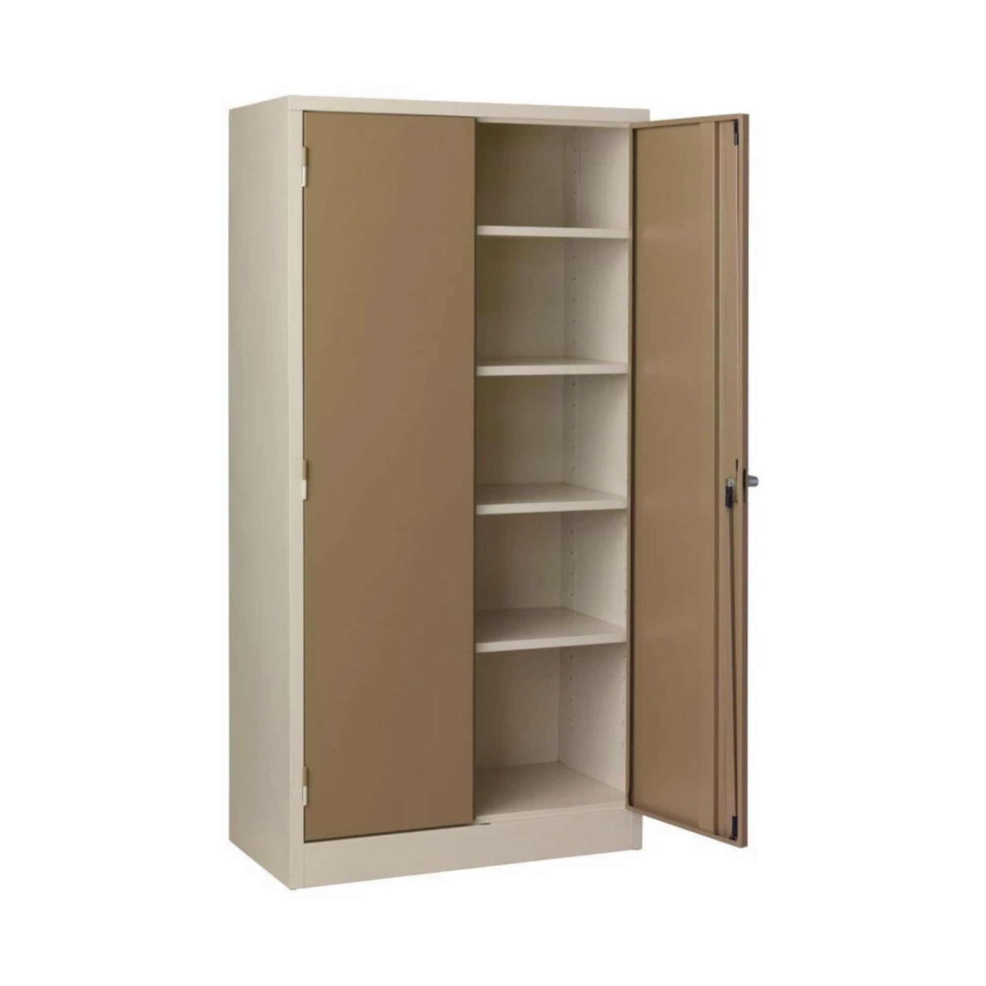 Steel stationery cupboard open with four adjustable shelves
